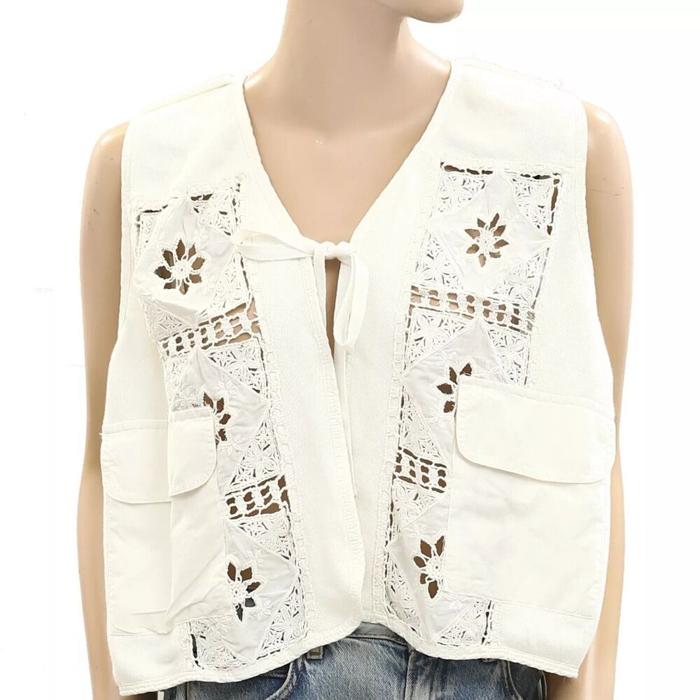 Free People Wonderstruck Vest Blouse Top Floral Crochet Lace Tie Ivory M 279557 - Picture 6 of 8